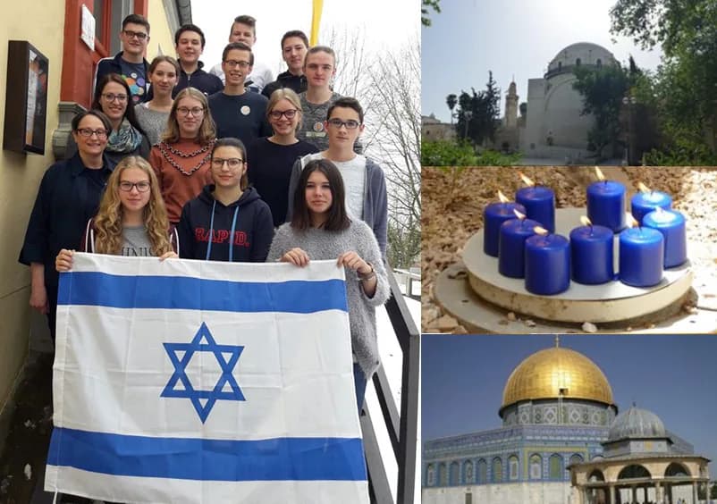Collage: Jugendliche mit israelischer Flagge, Kerzen und der Felsendom in Jerusalem