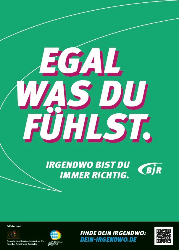 Plakat mit der Aufschrift "Egal was du fühlst" vor grünem Hintergrund