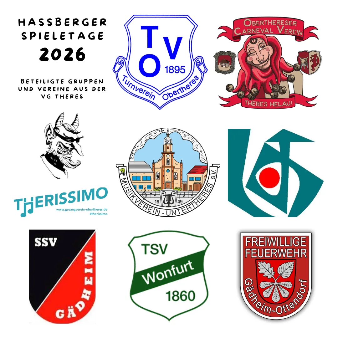 Logos der an den Haßberger Spieletagen 2026 in Obertheres beteiligten Vereine und Gruppen der VG Theres