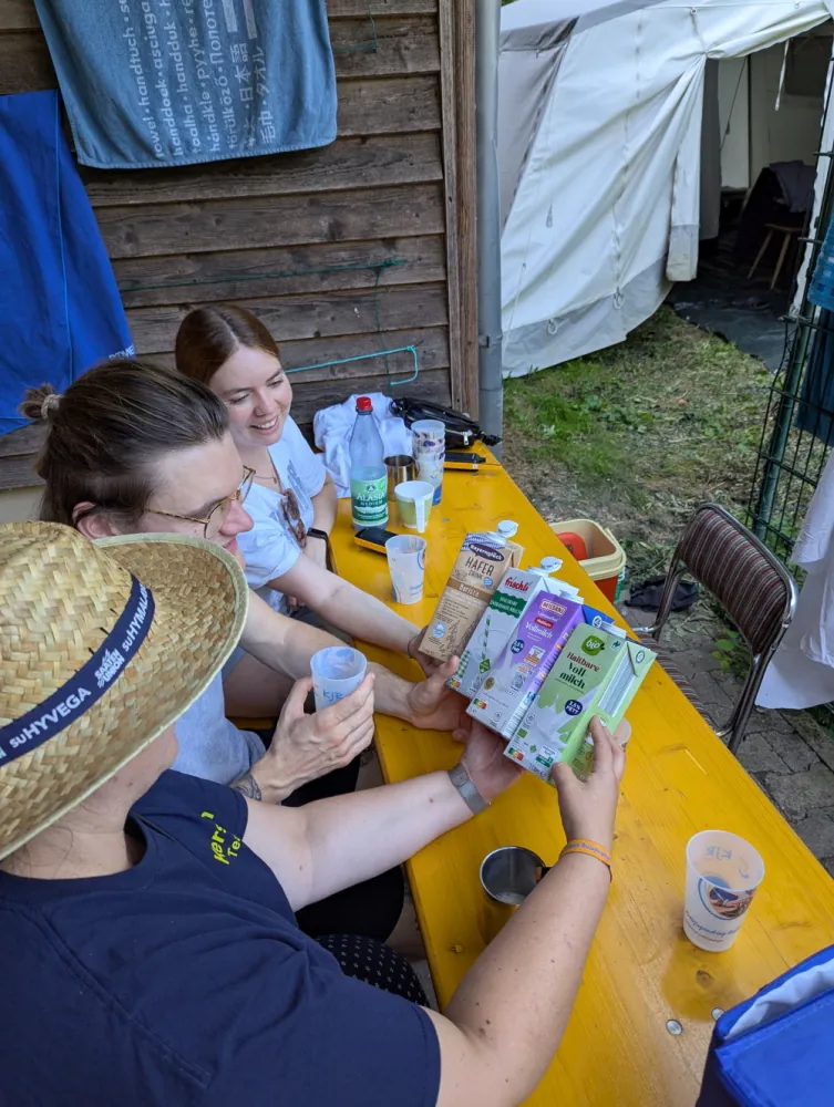 Drei Betreuer schauen sich die verschiedenen zur Auswahl stehenden Milchkartons beim Milchtasting im Rahmen des Lagerspiels am Zeltplatz an.