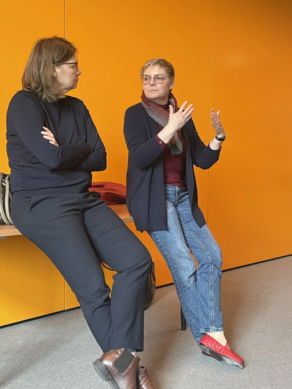 Die Bundestagsabgeordneten Dr. Manuela Rottmann und Sabine Dittmar vor einer orangenen Wand im Gespräch