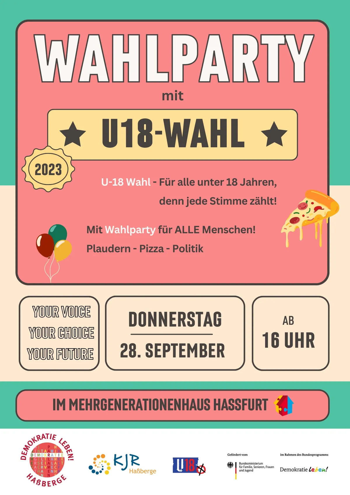 Werbeplakat für die U18 Wahlparty im Mehrgenerationenhaus in Haßfurt am 28. September 2023