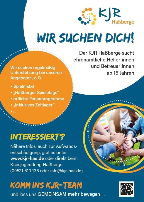 Werbeflyer des KJR Haßberge für ehrenamtliche Helfer:innnen ab 15 Jahren